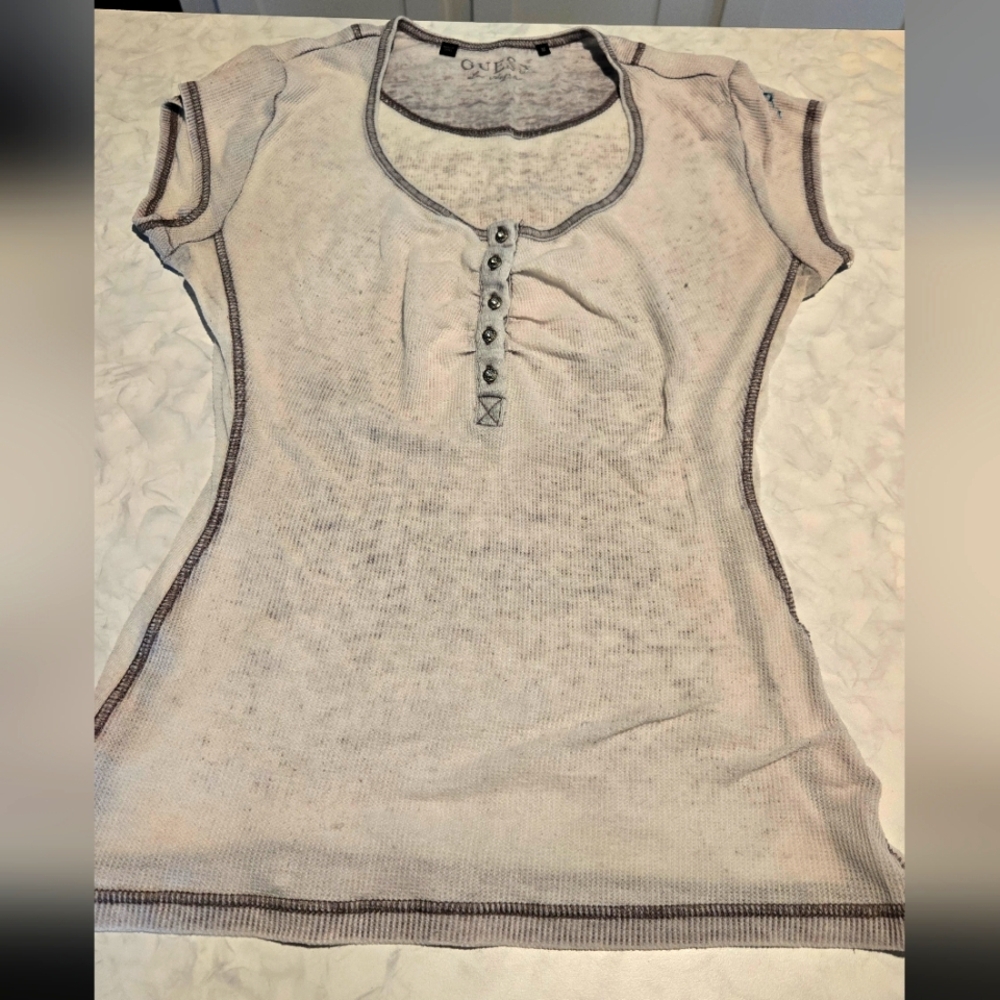 Guess Sheer Light Gray Blouse Rhinestone Buttons Ladies Size M